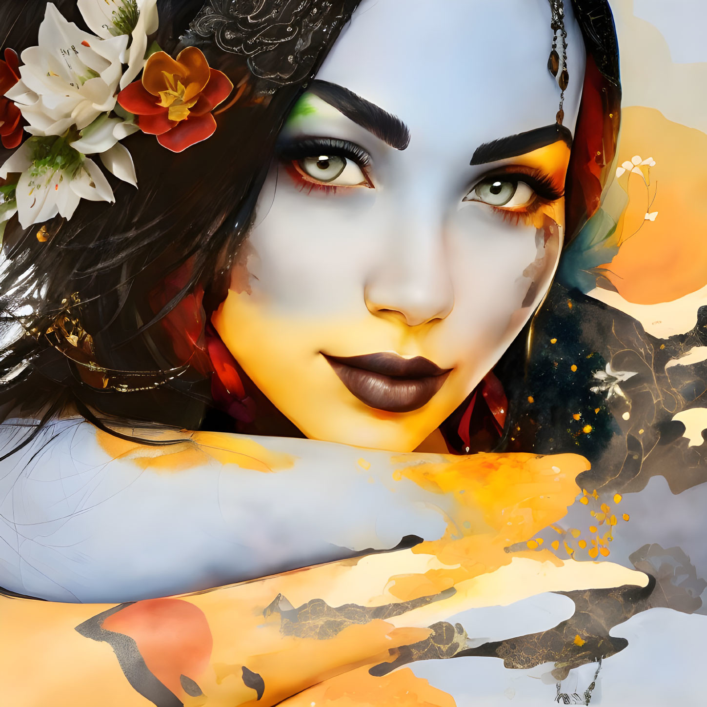 Cosmic and Floral Themed Face Paint Artwork with Vibrant Oranges