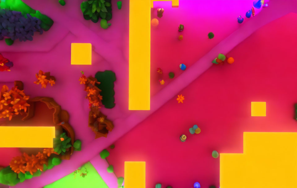 Colorful 3D render of a maze with pink pathways, yellow walls, trees, and spherical