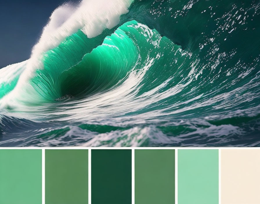 Ocean Wave Painting with Aquamarine and Emerald Colors Palette