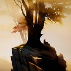 Stylized image of golden leaf tree on cliff above misty forest