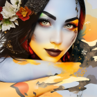 Cosmic and Floral Themed Face Paint Artwork with Vibrant Oranges