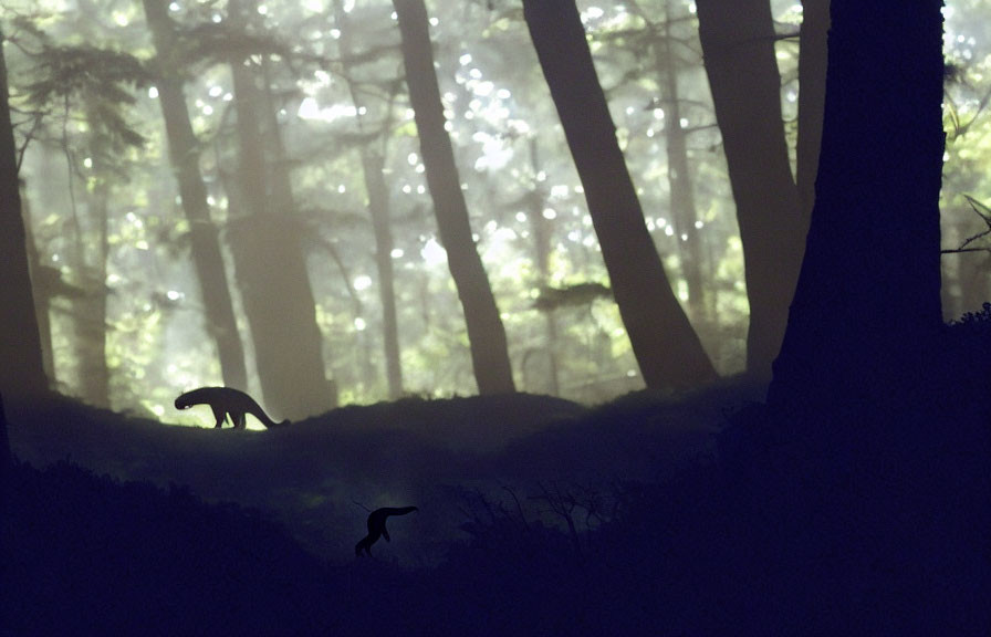 Misty forest with wildlife silhouettes and ethereal light