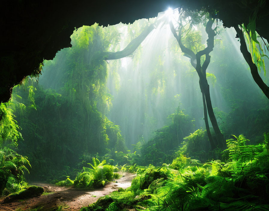 Sunlit Path Through Green Forest with Ferns and Cave