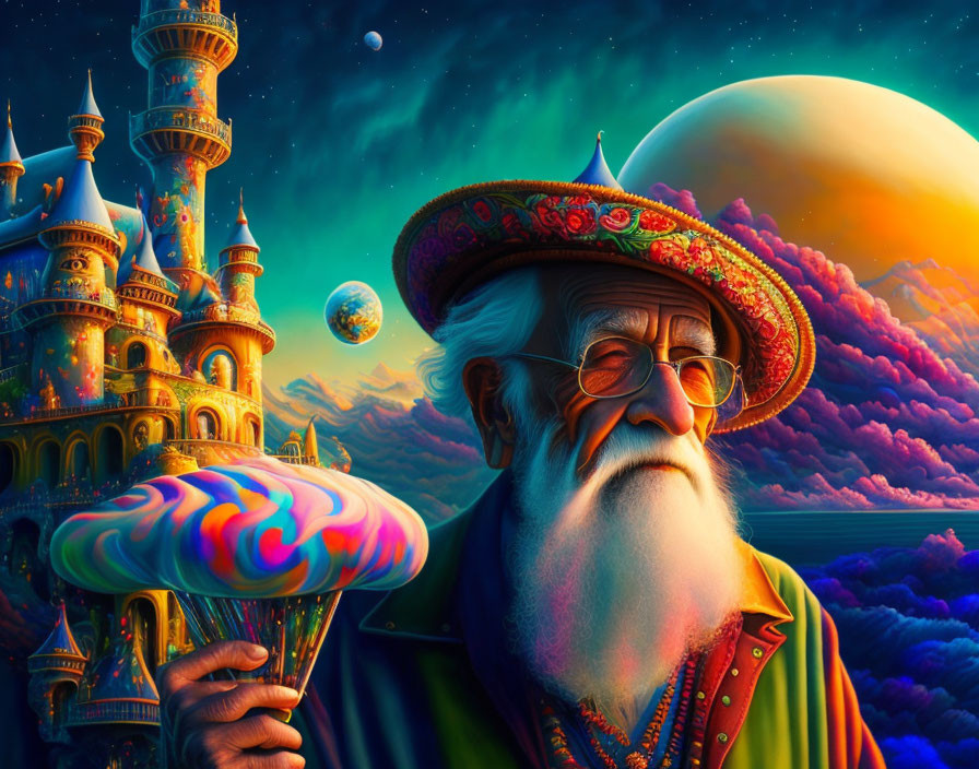 Colorful Hat Elderly Man with Swirled Lollipop and Fantasy Castle Background