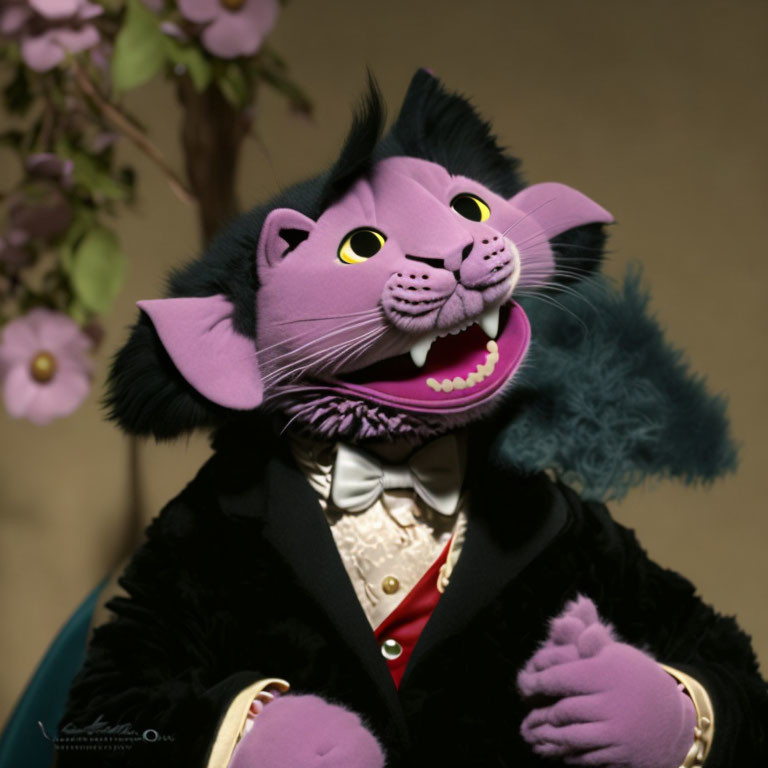 Purple Cat Head Figure in Ruffled Collar and Black Jacket