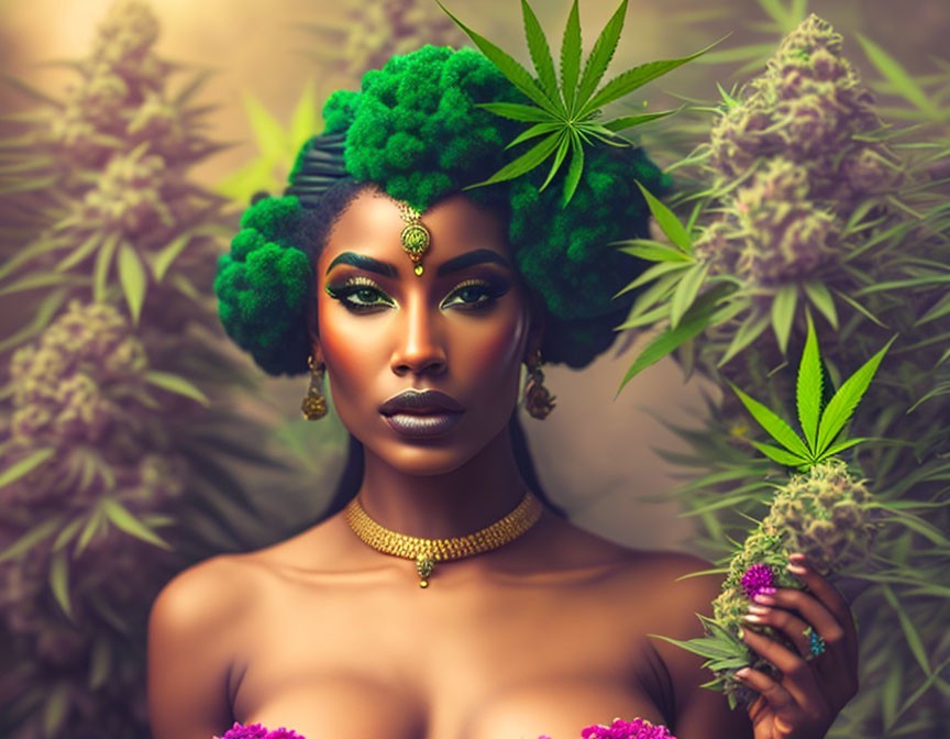 Green-haired woman with cannabis-inspired style and gold jewelry in front of cannabis plants