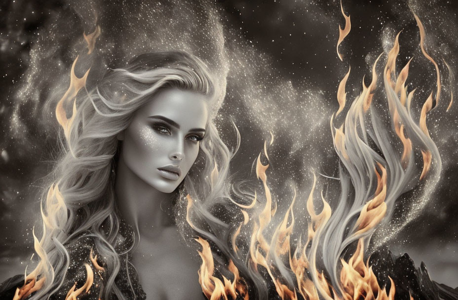 Monochromatic image of fiery woman with flames in hair on starry background