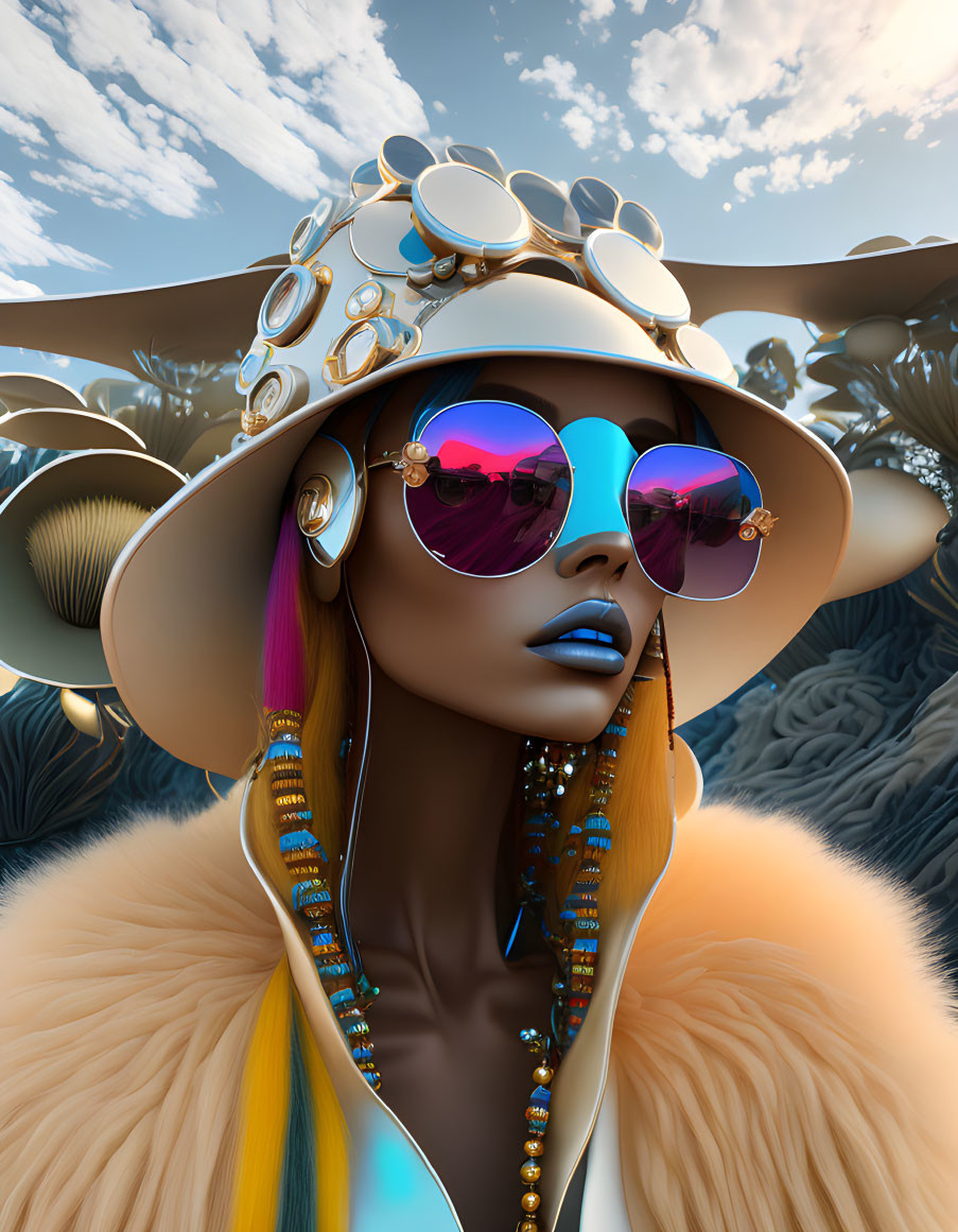 Stylized 3D illustration: Woman with mirrored sunglasses, unique hat, vibrant hair, fur