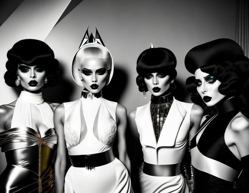 Four women in avant-garde black and white outfits with dramatic makeup and stylish hairdos posing sternly