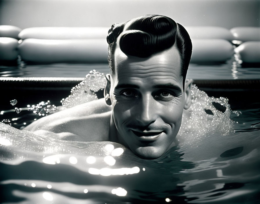 Monochrome image: Smiling man in water with inflatable rings