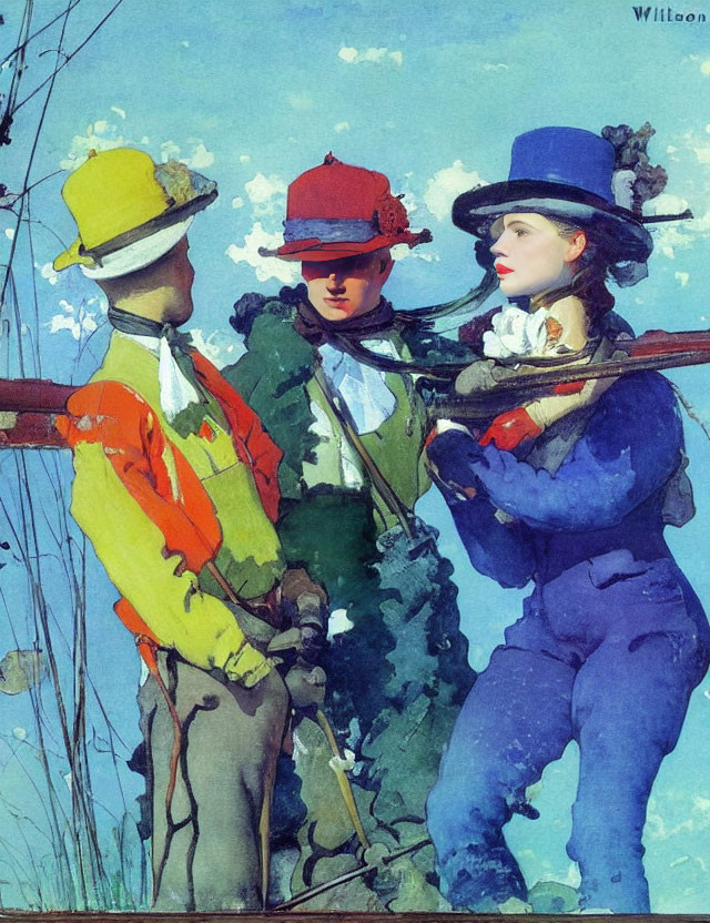 Three individuals in vintage hunting attire with rifles against blue sky and leafless branches