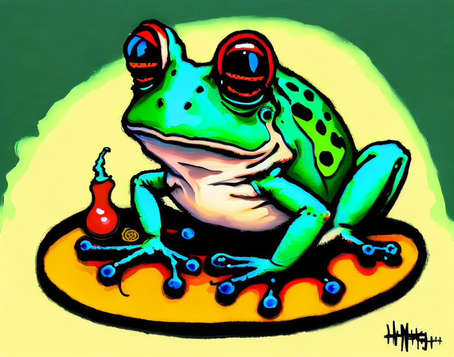 Vibrant digital artwork: green frog with red eyes on orange surface