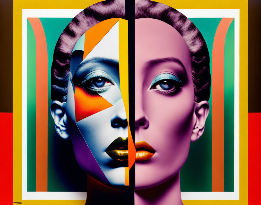 Symmetrical faces with geometric makeup on colorful background