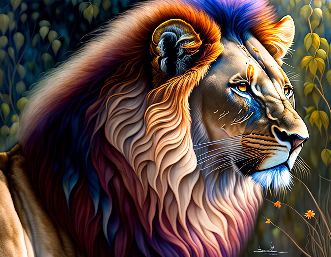 Vivid Lion Digital Art with Colorful Mane and Intricate Patterns