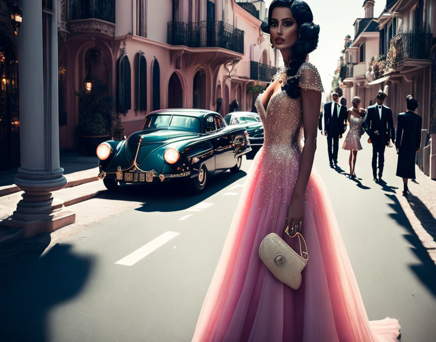Sophisticated woman in sparkly gown on lavish street with vintage car and well-dressed crowd