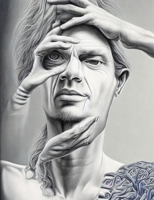 Surreal greyscale artwork: Person with four arms creating additional eyes.