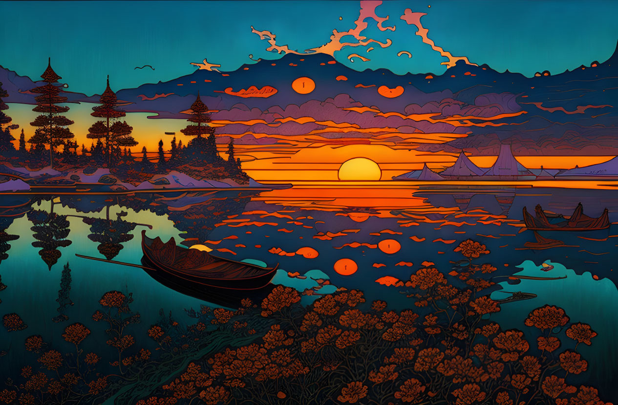 Tranquil sunset lake illustration with florals, pine trees, boat, temples, mountains, cres