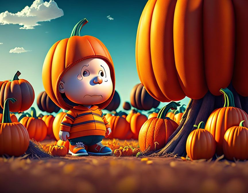 Child in Pumpkin Head Costume Surrounded by Pumpkins in Field