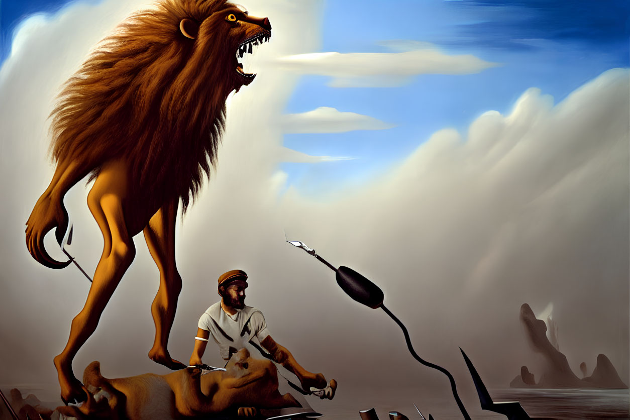 Surreal painting of lion and man with spear under cloudy sky