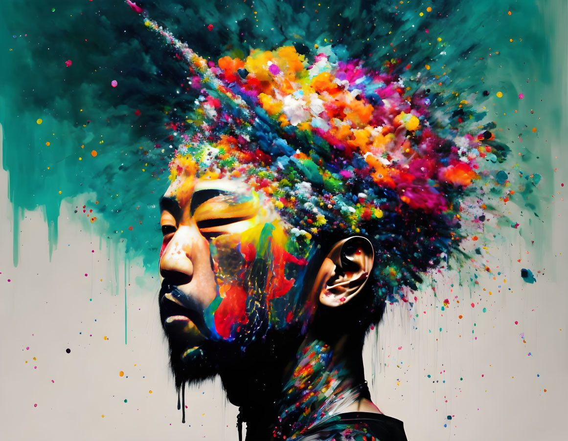 Colorful paint splatters burst from man's head symbolizing creativity.