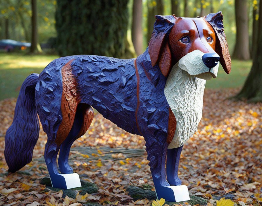 Colorful Dog Sculpture with Intricate Patterns in Sunlit Autumn Park