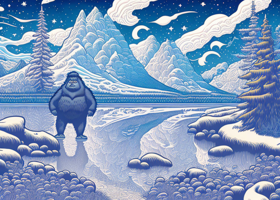 Stylized yeti illustration in snowy mountain landscape