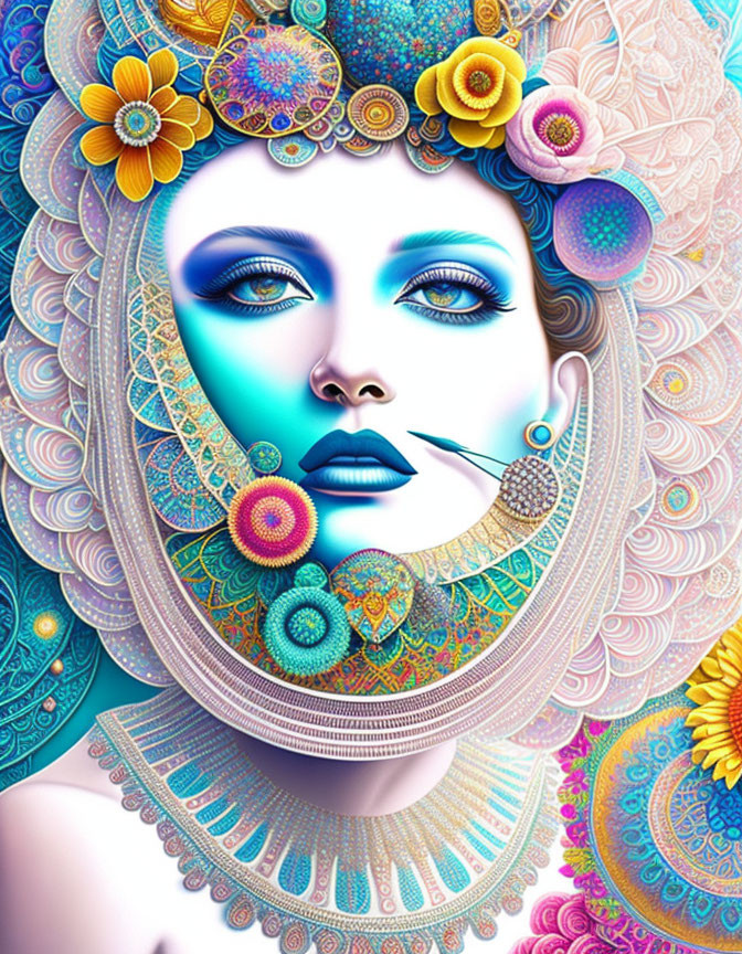 Colorful digital artwork of a woman's face with bold blue eyes and intricate patterns