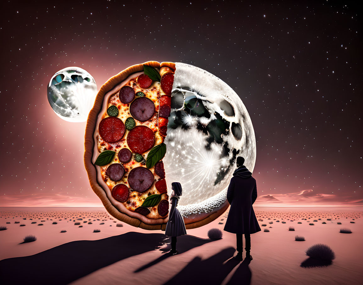 Surreal desert landscape with figures and pizza moon
