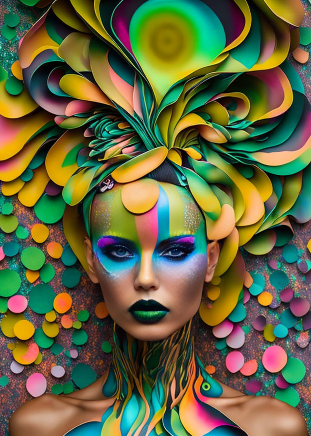 Colorful Woman with Psychedelic Makeup and Floral Headpiece on Dotted Background