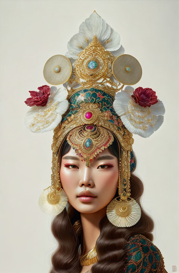 Woman illustration: regal headdress with gold accents, gemstones, and flowers