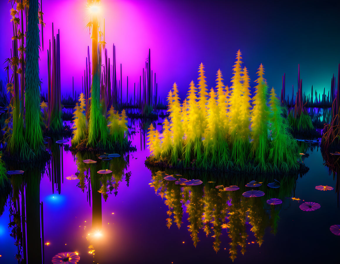 Neon-lit fantasy landscape with luminescent flora and radiant light