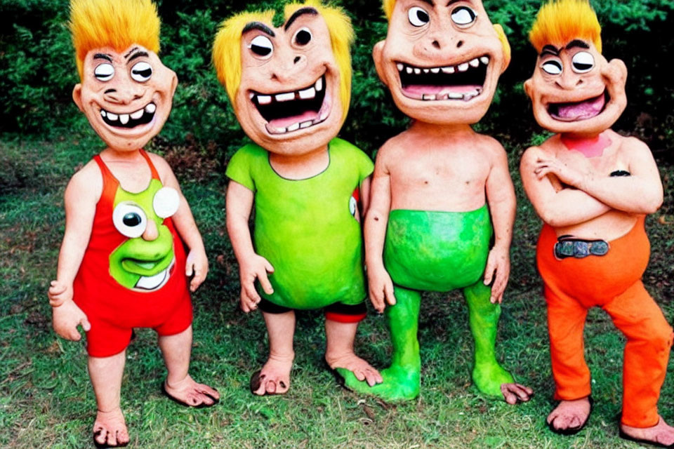 Four People in Colorful Troll Costumes Outdoors