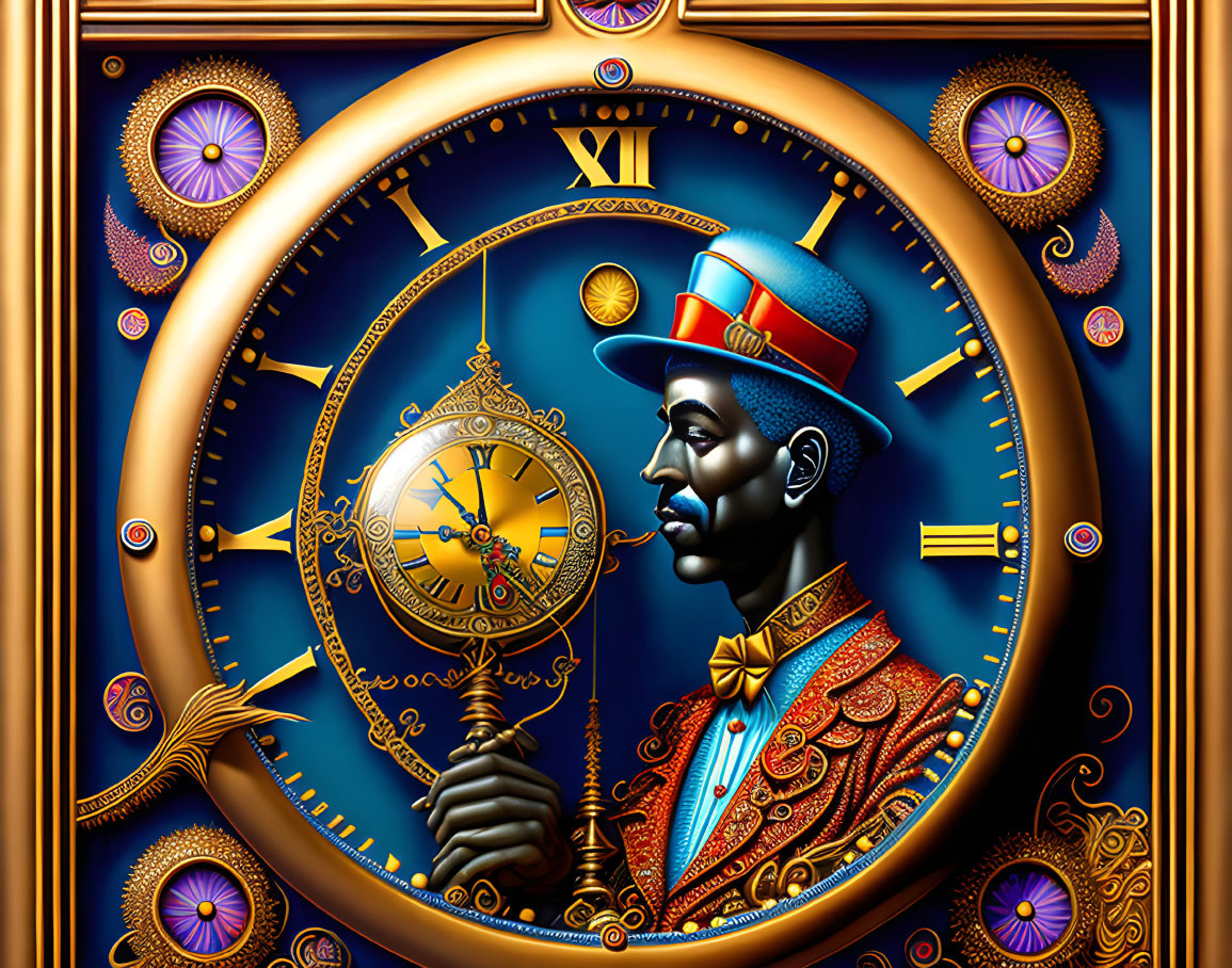 Stylish individual with pocket watch in clock-themed border.