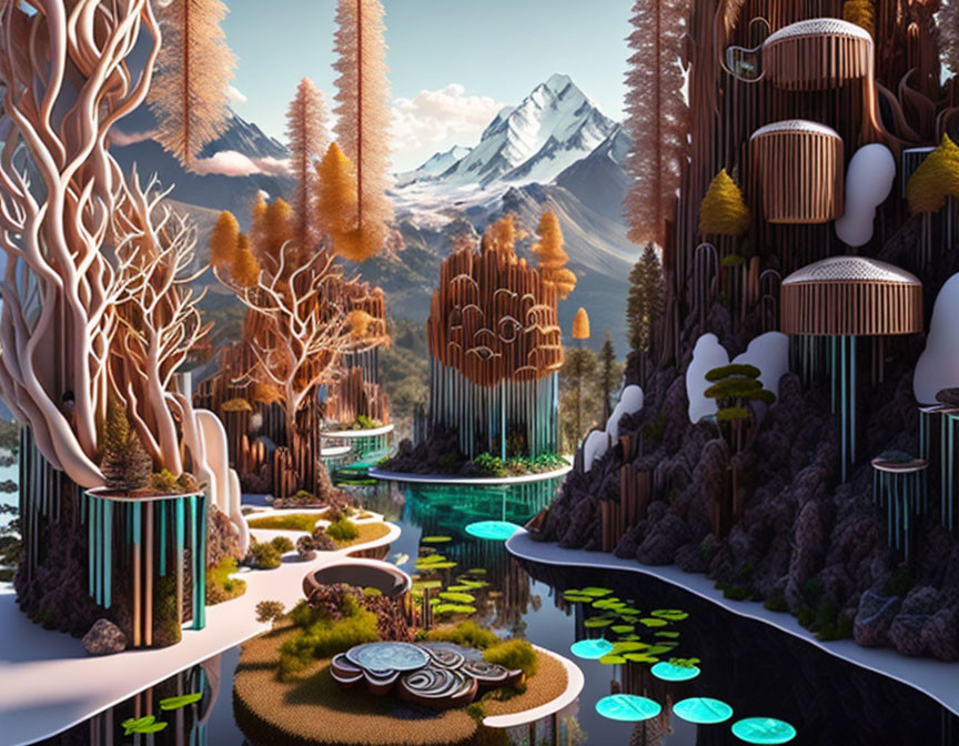 Tranquil lake in fantastical landscape with futuristic trees