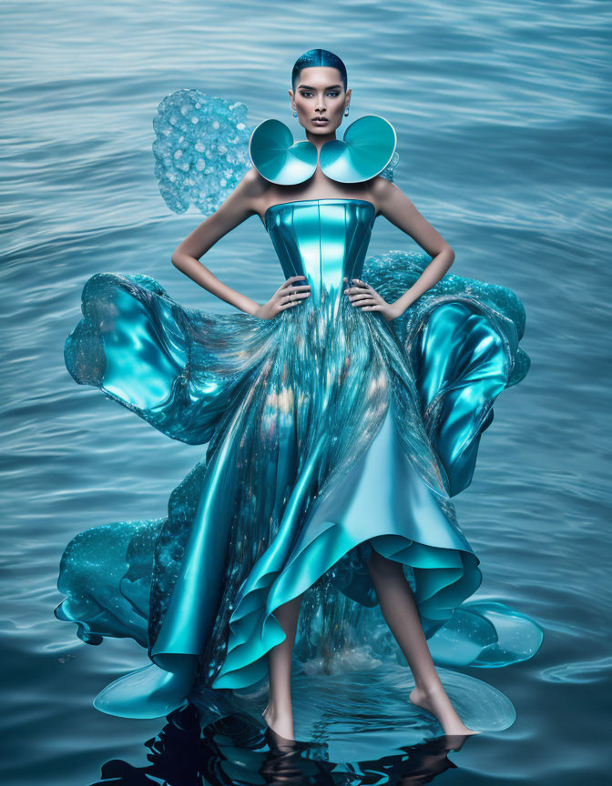 Elaborate Blue Metallic Dress with Exaggerated Shoulders and Flared Skirt