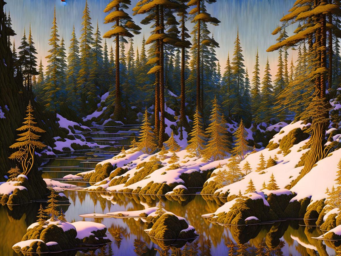 Snow-dusted pine trees and reflective lake in serene landscape
