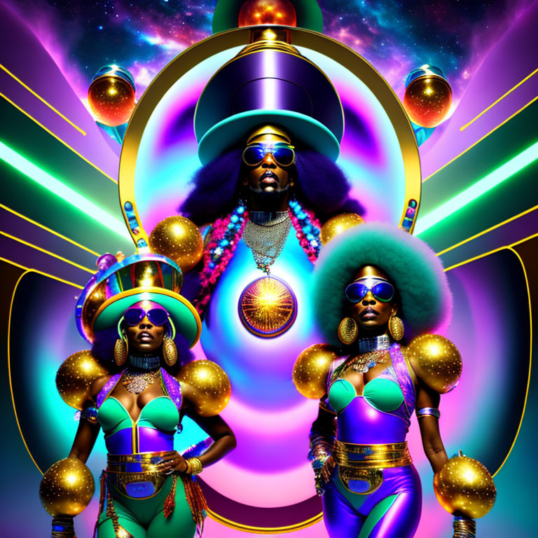 Vibrant Afrofuturism characters with cosmic backdrop and orbs