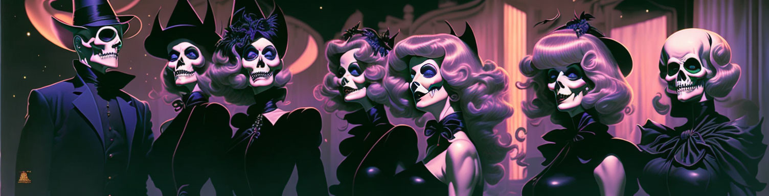 Stylized Gothic characters with skull faces in formal attire