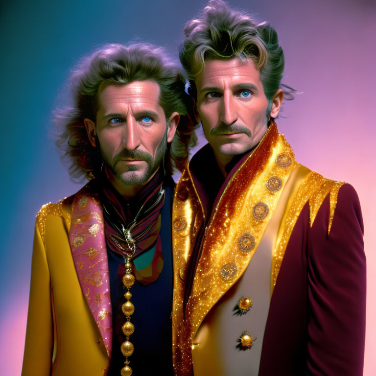 Two Men in Colorful Ornate Costumes Against Purple Background