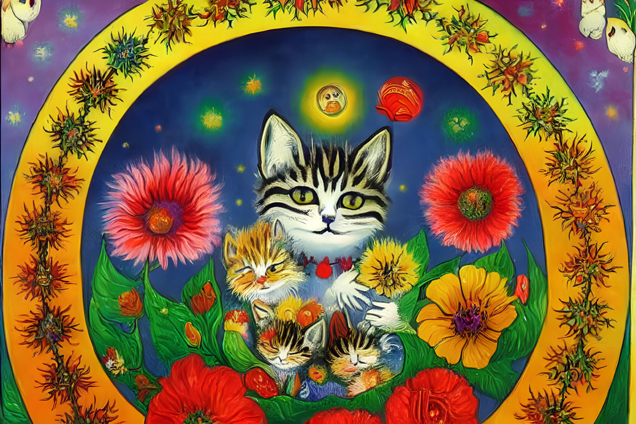 Vibrant illustration of smiling tabby cat with kittens in floral night scene