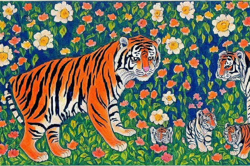Vibrant painting of three tigers in a field of flowers on blue background
