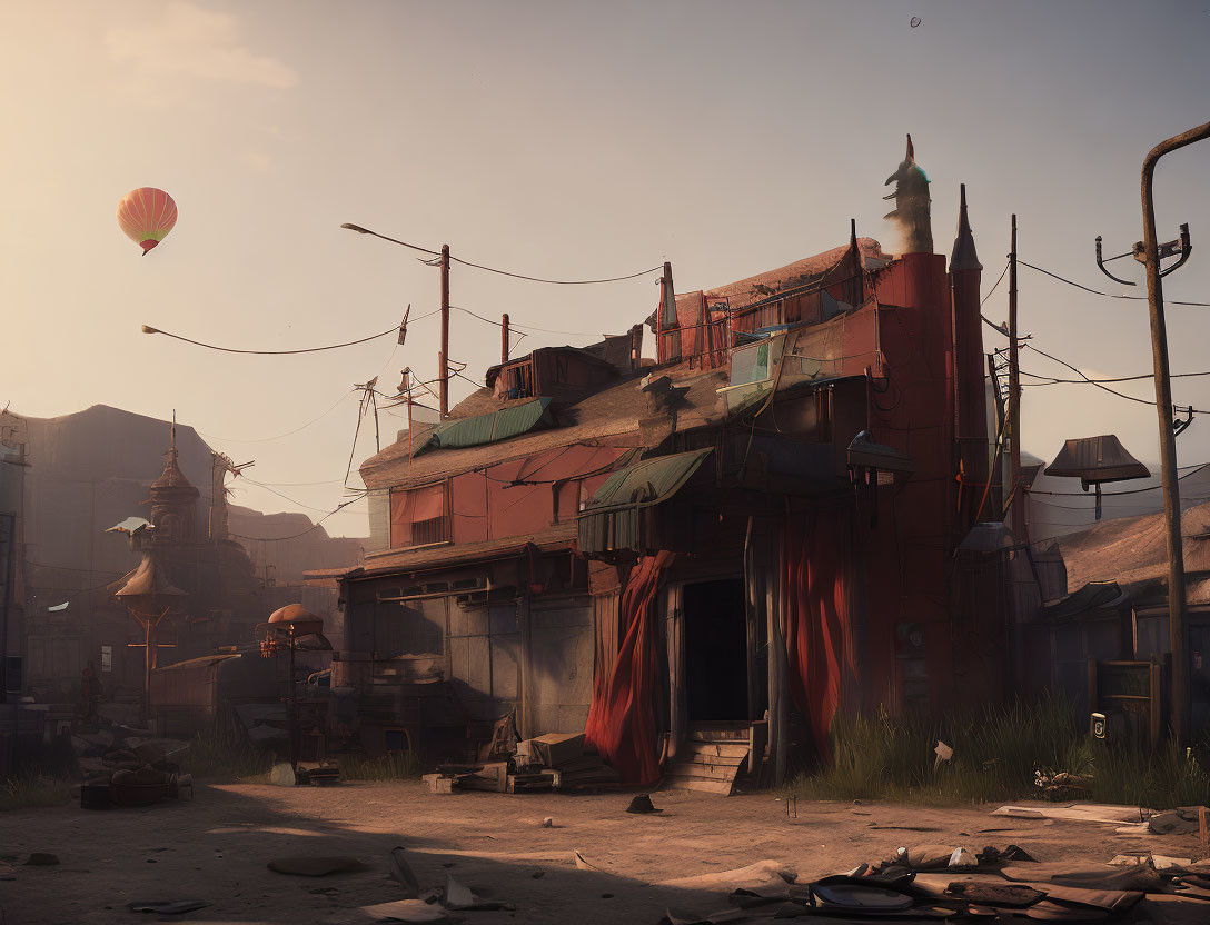 Rustic street scene at dusk with hot air balloon and aged buildings