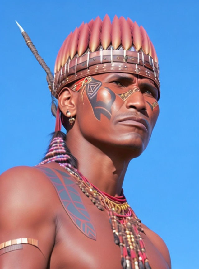 Man with tribal face paint and headdress in 3D rendering