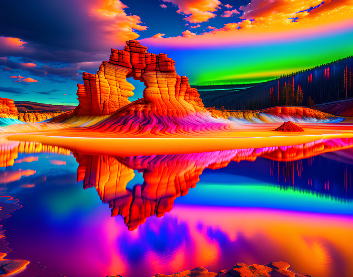 Surreal landscape digital artwork with neon aurora sky and rock formation reflection