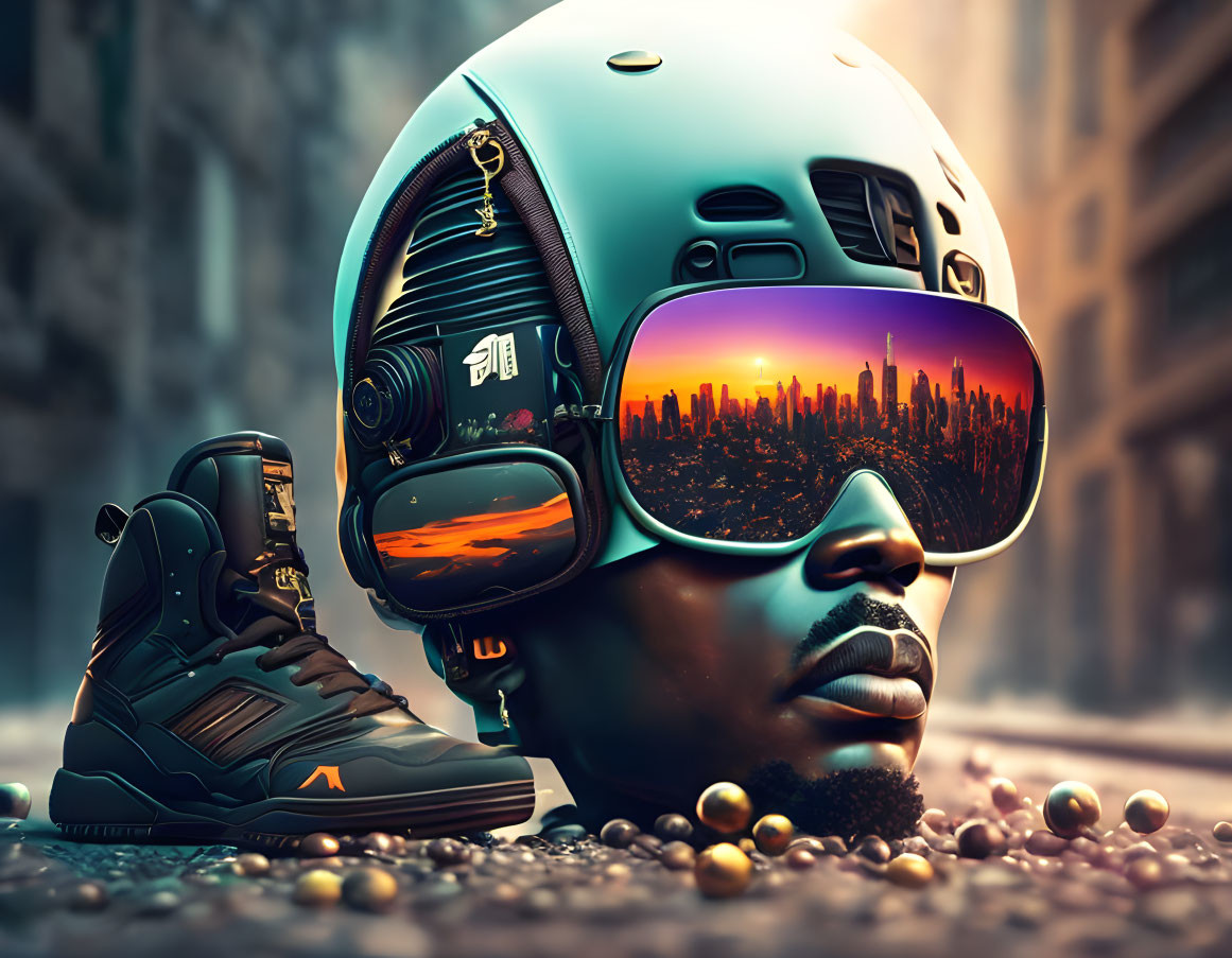 Stylized portrait of person with helmet, goggles, headphones, and shoe against urban skyline