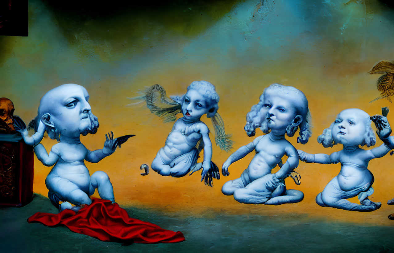 Surreal blue baby-like figures with adult faces and wings on orange backdrop