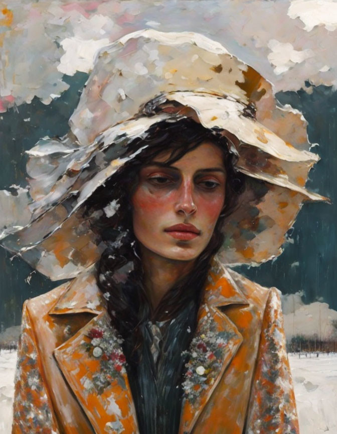 Somber woman portrait in wide-brimmed hat and floral jacket