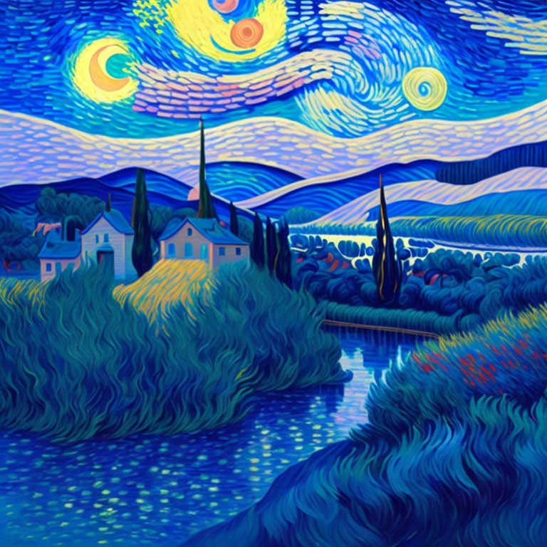 Vibrant painting of starry night sky over sleeping village