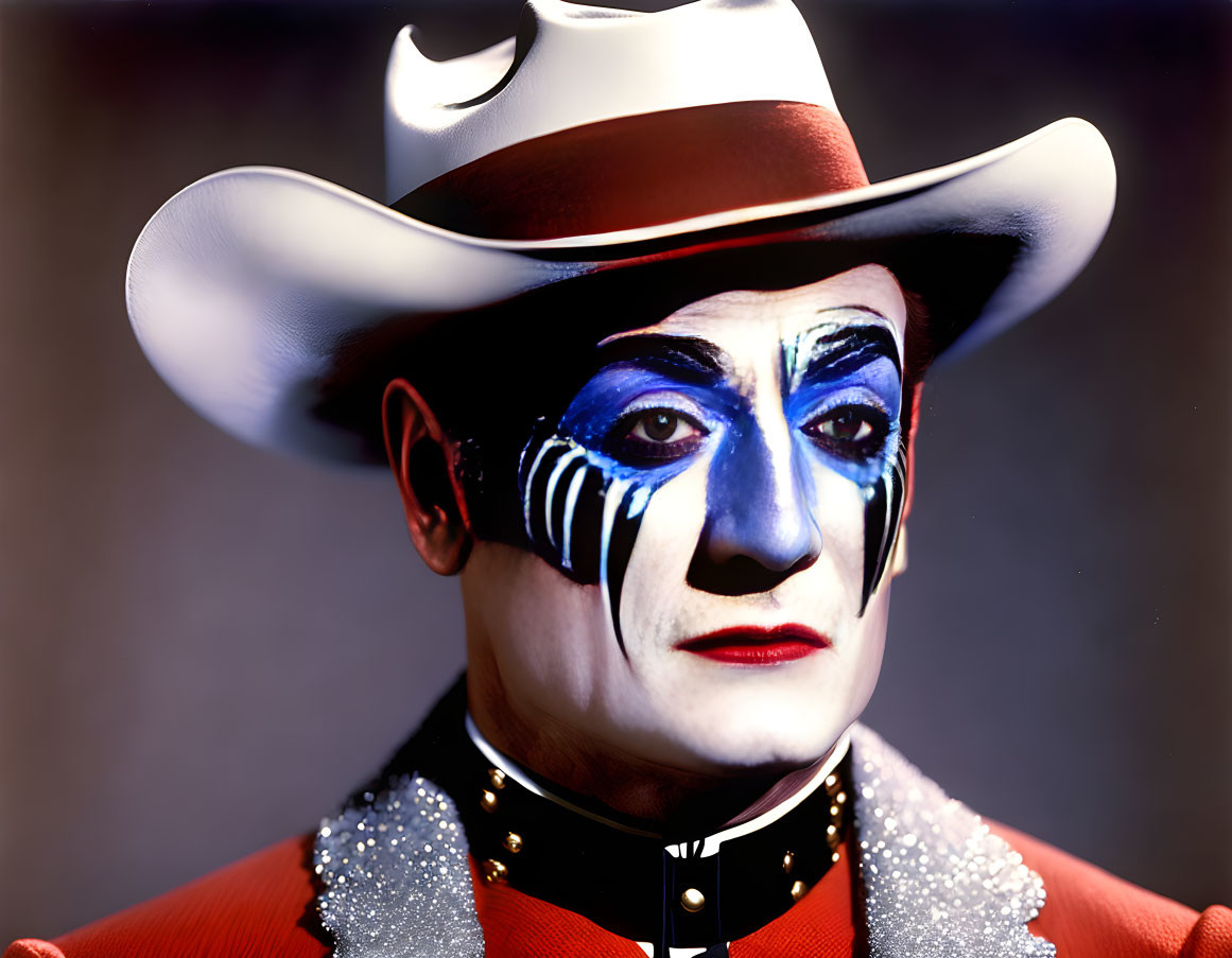 Person in White Cowboy Hat with Moon and Star Symbols in Dramatic Face Paint and Red Sequined Out