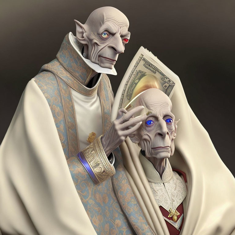 Stylized 3D illustration: Elderly characters in elaborate robes with exaggerated features